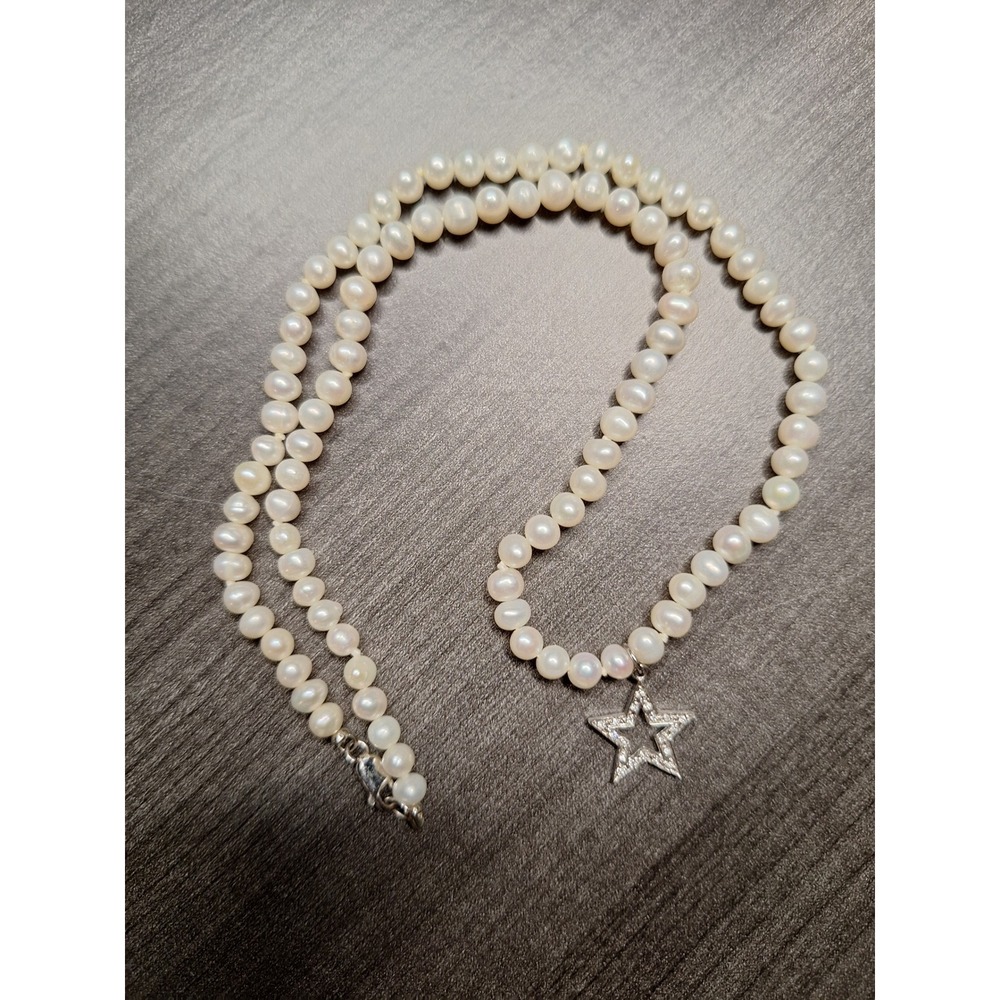 Knotted Faux Pearl Strand Necklace Rhinestone Star Pendant Silver Tone 18 Inch